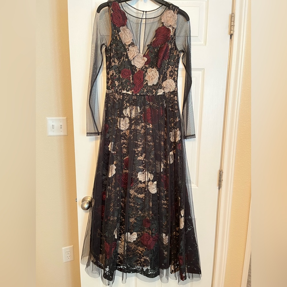 Antonio Melani Embroidered Rose Lace Tulle Mesh Midi Gown/Dress